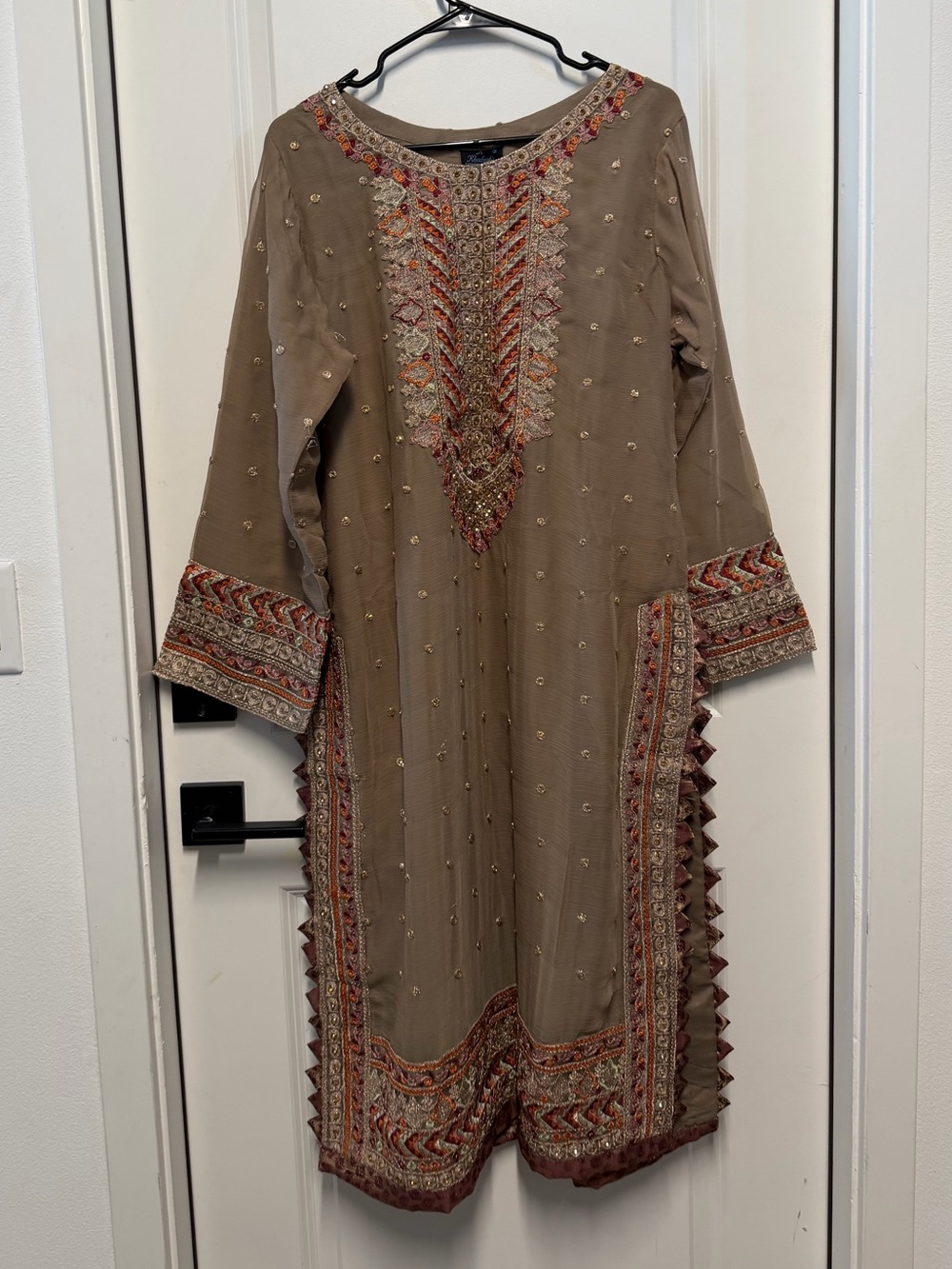 Khadijah’s Collection Beige Taupe Pakistani 3 Piece Embroidered Suit L